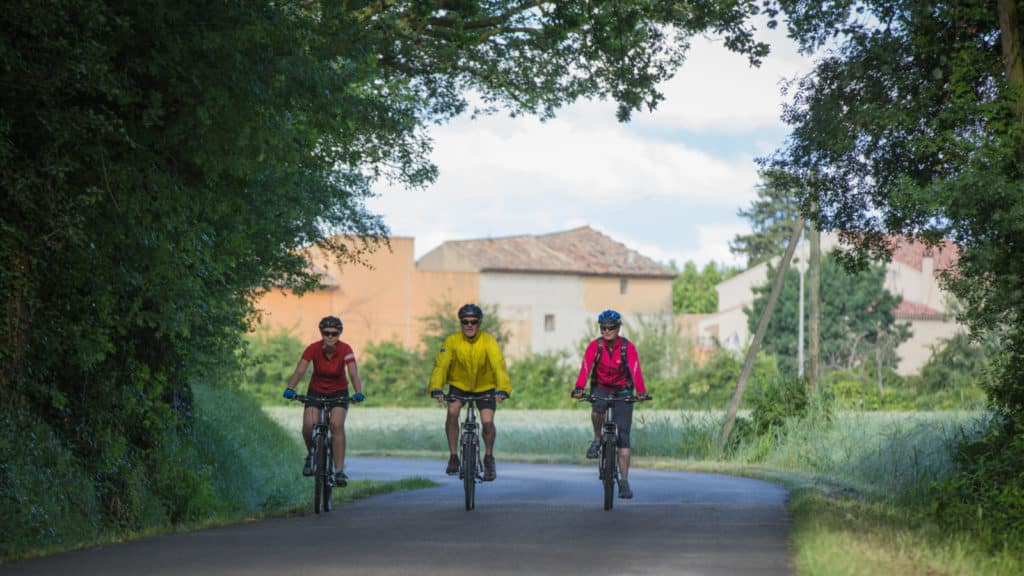 Three cyclists riding down a country lane in the Loire Valley on Intrepid's Cycle the Loire Valley tour