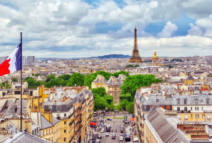 Beautiful panoramic view of Paris from the roof of the Pantheon. View of the Eiffel Tower and flag of France.