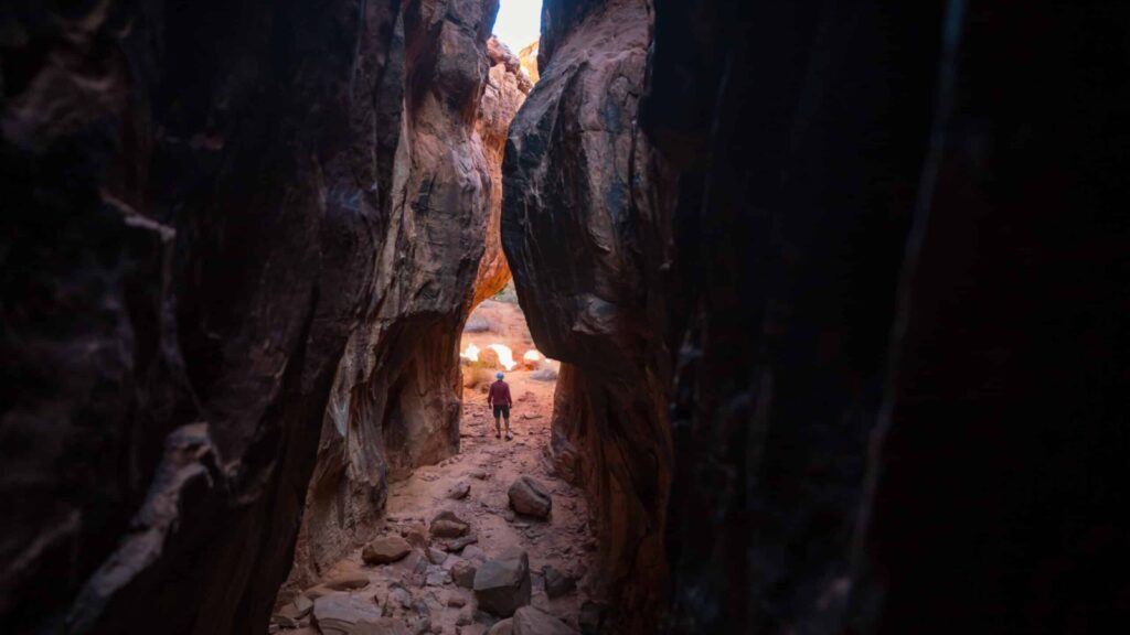 Grand Staircase-Escalante National Monument slot canyon with hiker