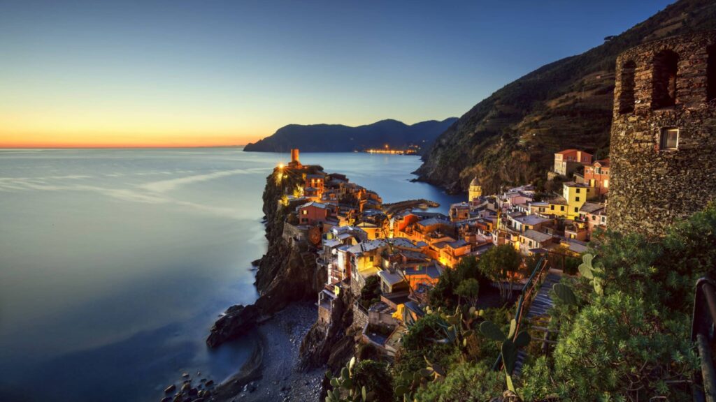 Vernazza village, aerial view on sunset, Seascape in Five lands, Cinque Terre National Park, Liguria Italy Europe.