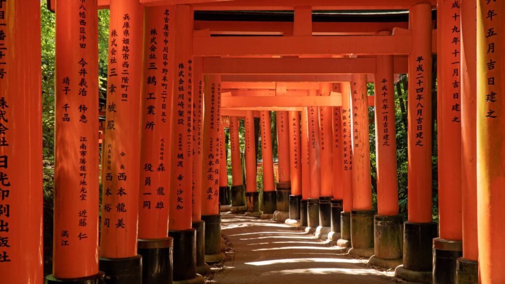 Beautiful orange torii gates at shrine of Inari in Fushimi Inari Taisha, Kyoto