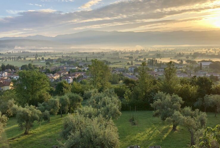 dawn over the Valtiberina valley from Anghiari in Tuscany, Italy