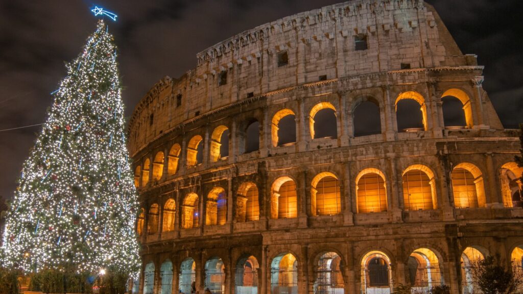 Night in Rome, Christmas tree near Colosseum