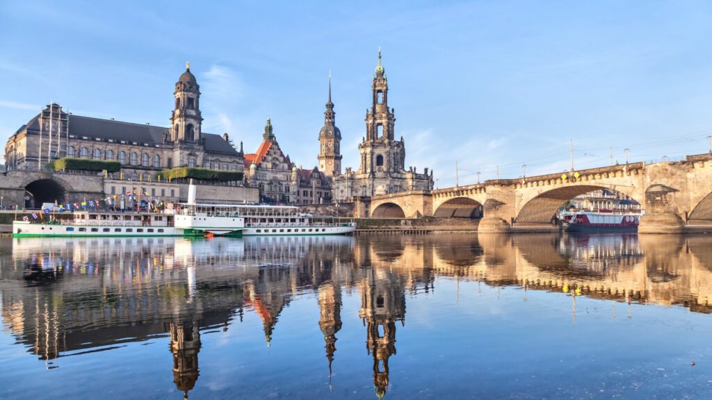 Dresden skyline and Augustus bridge in the morning, Saxony, Germany