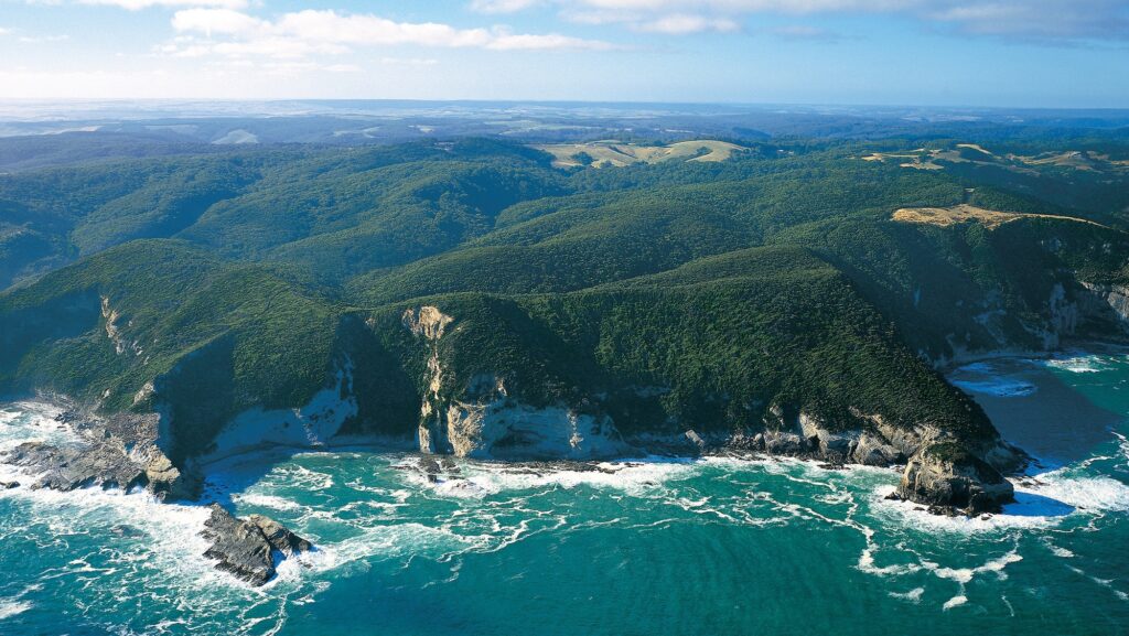 Australia; Victoria; Moonlight Head Lodge; Aerial view of cliffs and ocean
