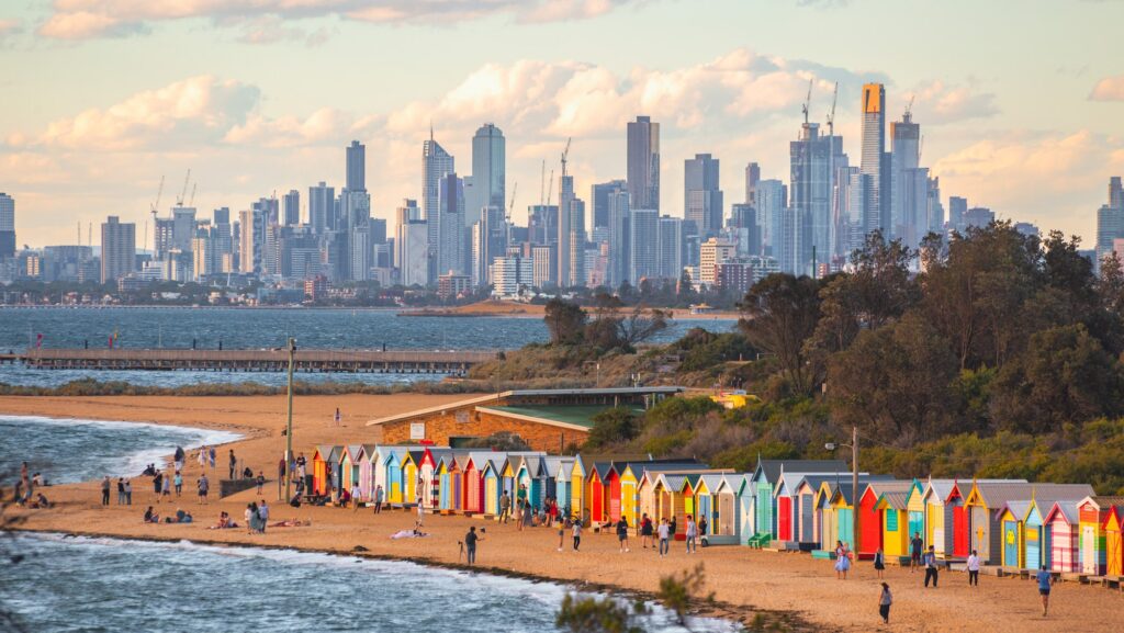 Brighton bathing boxes and Melbourne skyline