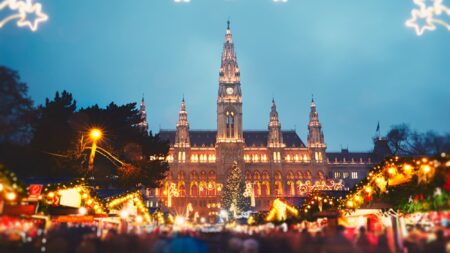 Rathaus (city hall) and christmas market in Vienna, Austria - tilt shift
