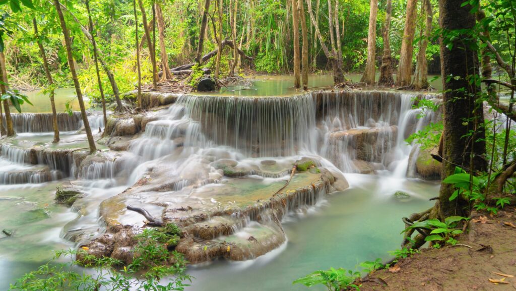 Huay Mae Khamin Waterfall. Nature landscape of Kanchanaburi district in natural area. it is located in Thailand for travel trip on holiday and vacation background, tourist attraction.