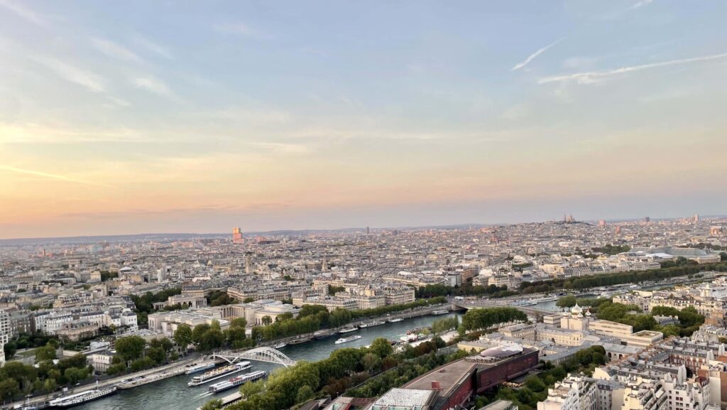 View at dusk from the Eiffel Tower over Paris