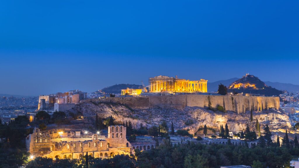The Acropolis illuminated at night, Athens, Attiki, Greece, Europe