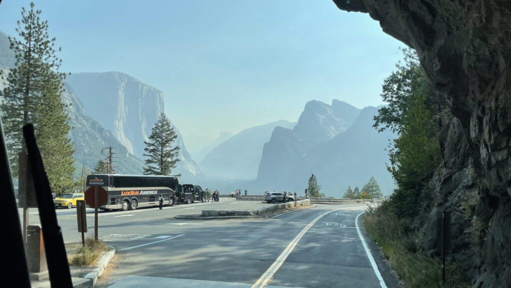 view of Yosemite Valley from Tunnel View on a Globus tour of California
