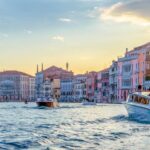 View of canal and buildings in Venice Italy