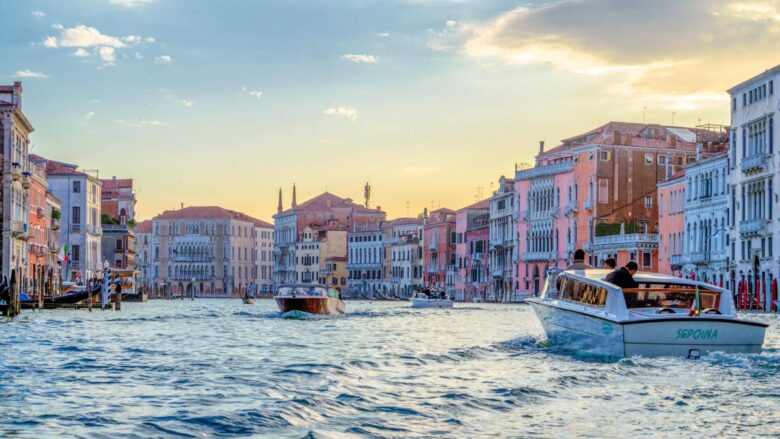 View of canal and buildings in Venice Italy