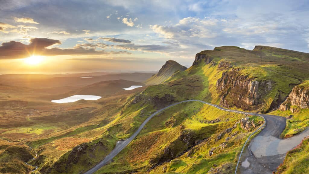 View of landscape at sunrise at Quiraing on the Isle of Skye in Scotland