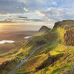 View of landscape at sunrise at Quiraing on the Isle of Skye in Scotland