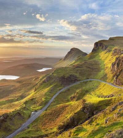 View of landscape at sunrise at Quiraing on the Isle of Skye in Scotland