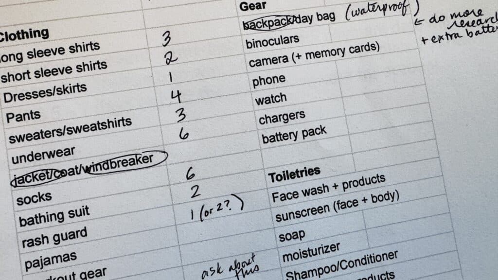 partial view of packing list that's highly customized for an expedition cruise