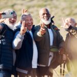 Senior hiking, mountain selfie and elderly friends in nature on a walk with freedom in retirement. .