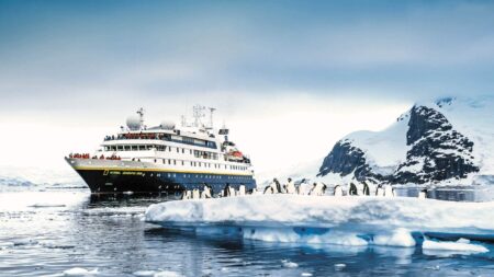 The ship National Geographic Orion in Lemaire Channel, Antarctica