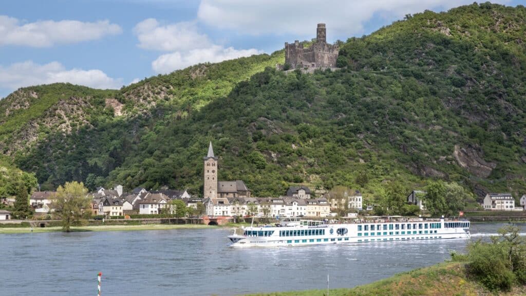 Uniworld ship River Empress on the Rhine with castle in background