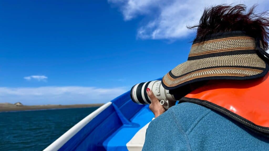 photographer on a whale watching small boat in Baja California Sur
