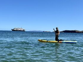 Person stand up paddleboarding with the National Geographic Venture in the background