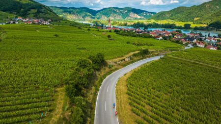 aerial view of vineyards and town with Backroads tour bicyclists on road