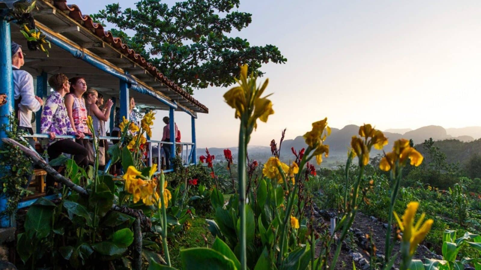 travelers on an Exodus Cuba tour looking out from a porch onto the countryside