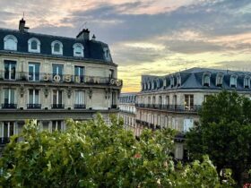 view out over buildings in Paris at dusk