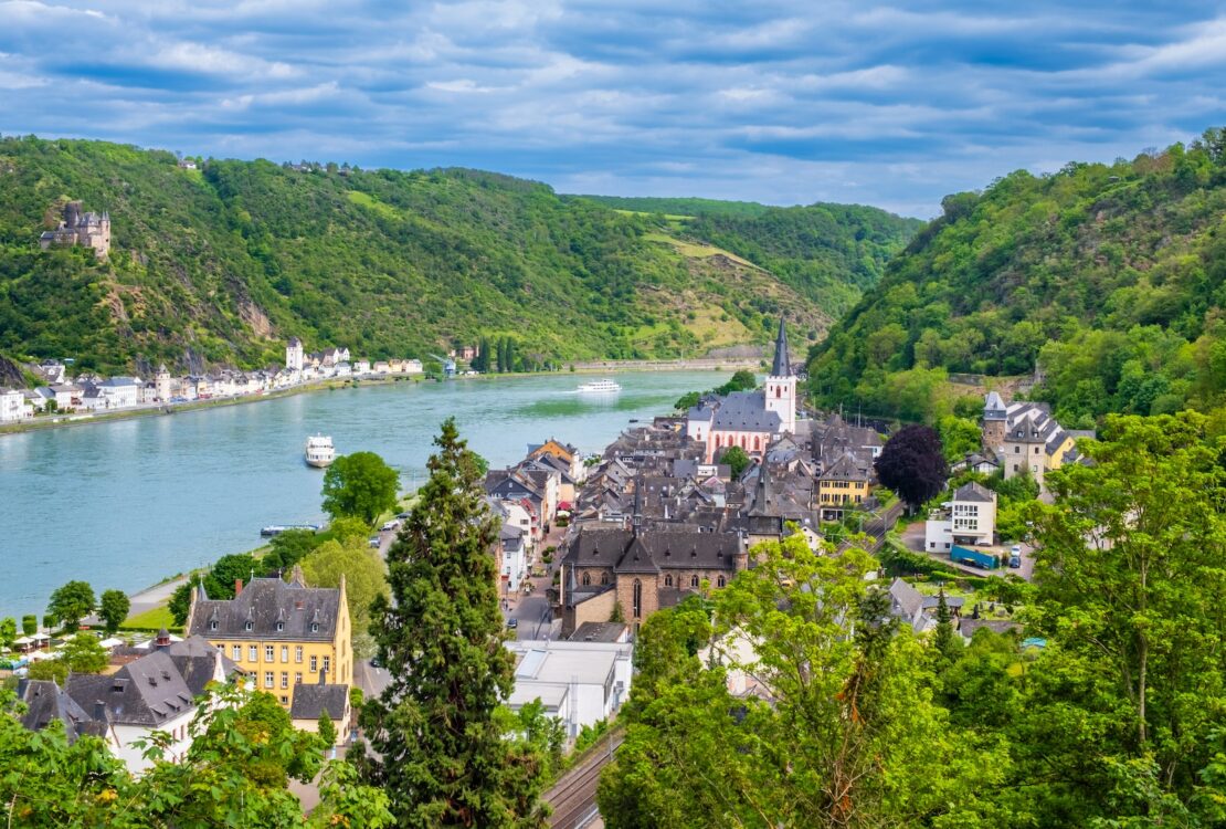 View of Rhine River and the small towns of Sankt Goar and Sankt Goarshausen in Germany.