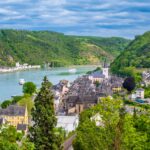 View of Rhine River and the small towns of Sankt Goar and Sankt Goarshausen in Germany.