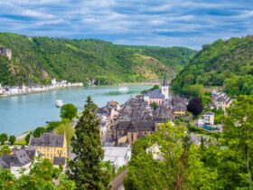 View of Rhine River and the small towns of Sankt Goar and Sankt Goarshausen in Germany.