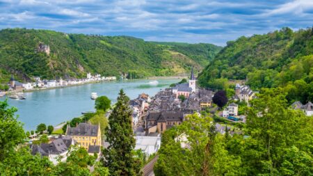 View of Rhine River and the small towns of Sankt Goar and Sankt Goarshausen in Germany.