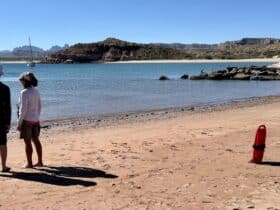 tour director and tour traveler looking out on water along a beach