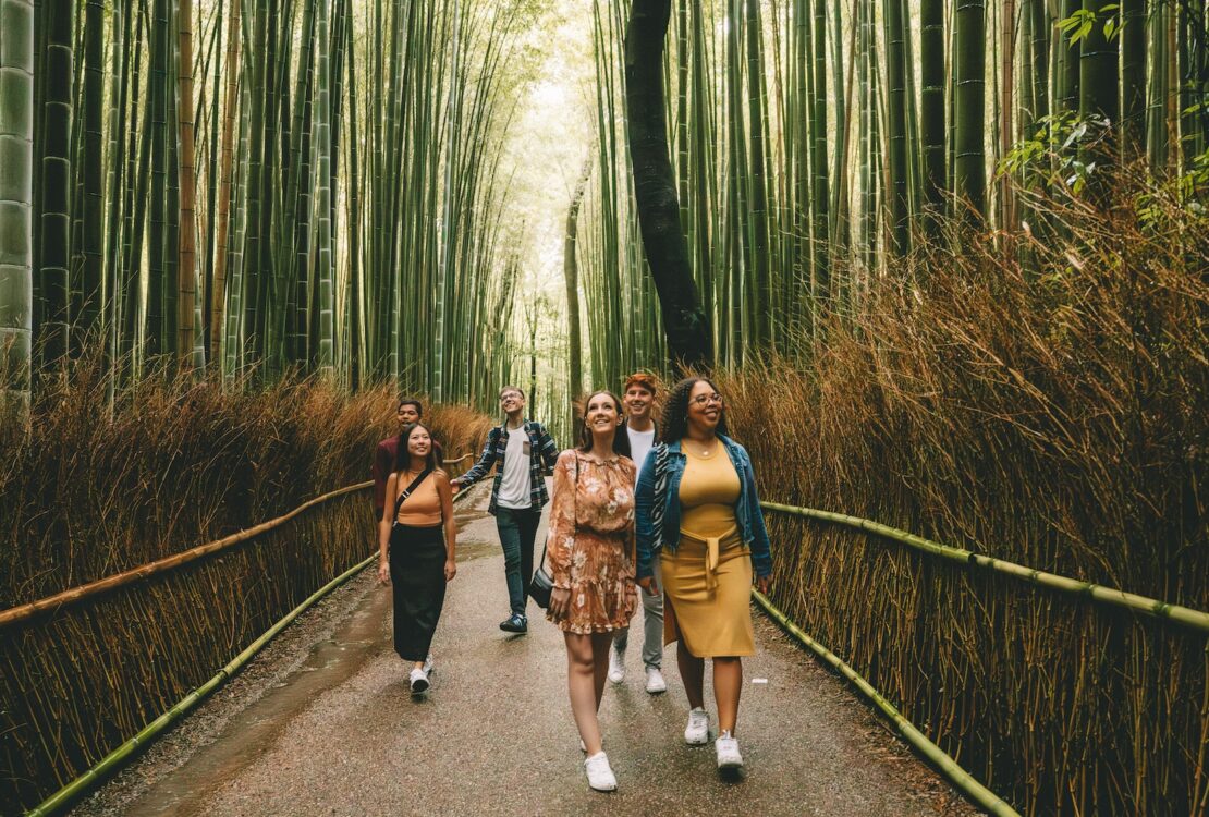 Young travelers on a Contiki tour of Japan in a bamboo forest