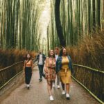 Young travelers on a Contiki tour of Japan in a bamboo forest