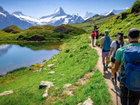 Family hiking on grassy area toward mountains