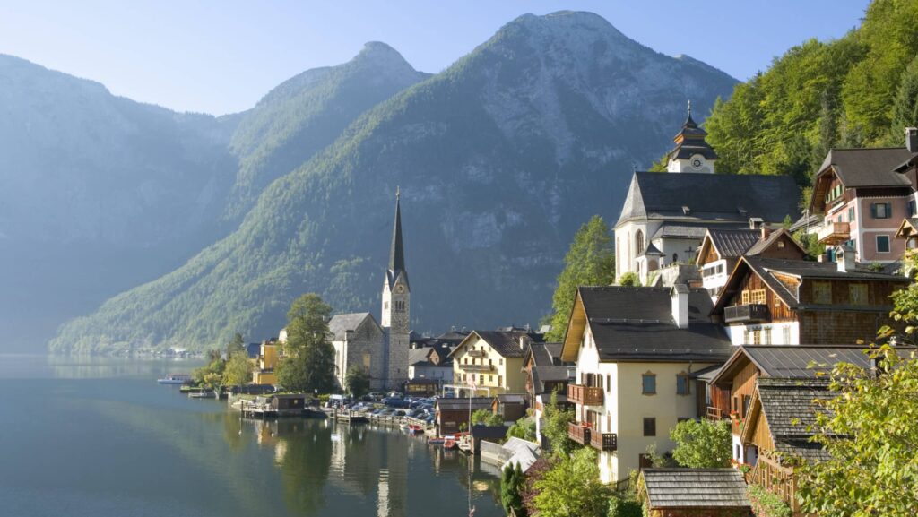 Austria, Salzburger Land, Hallstatt town by lake on a Trafalgar tour