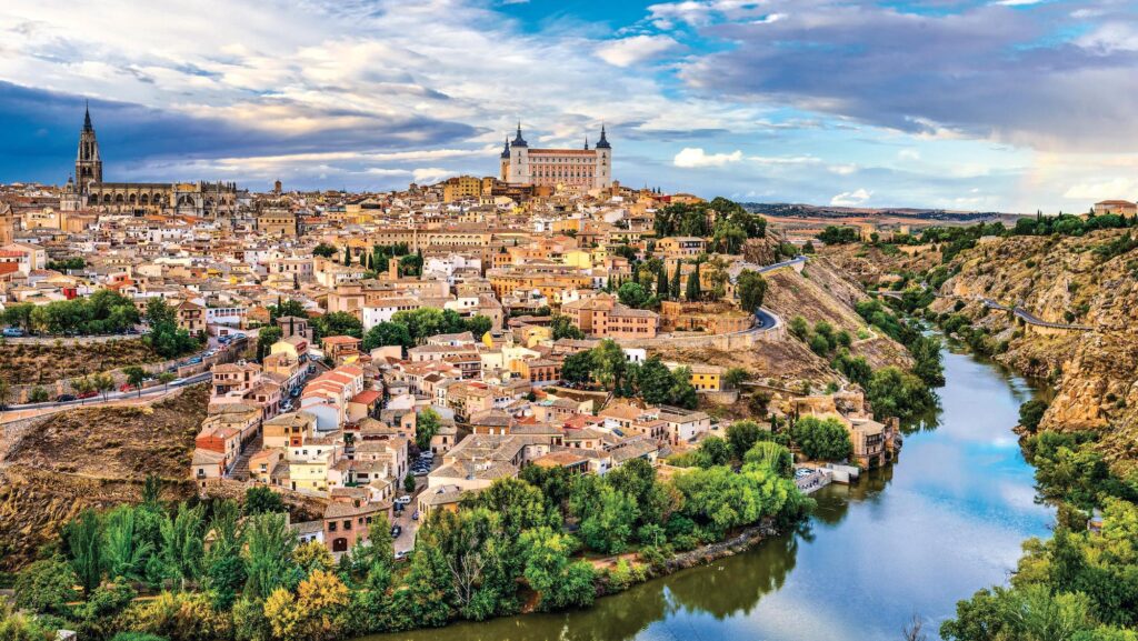 Toledo, Spain old town city skyline on the Tagus River.