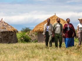 Four people walking through field with thatched-roof huts in the background