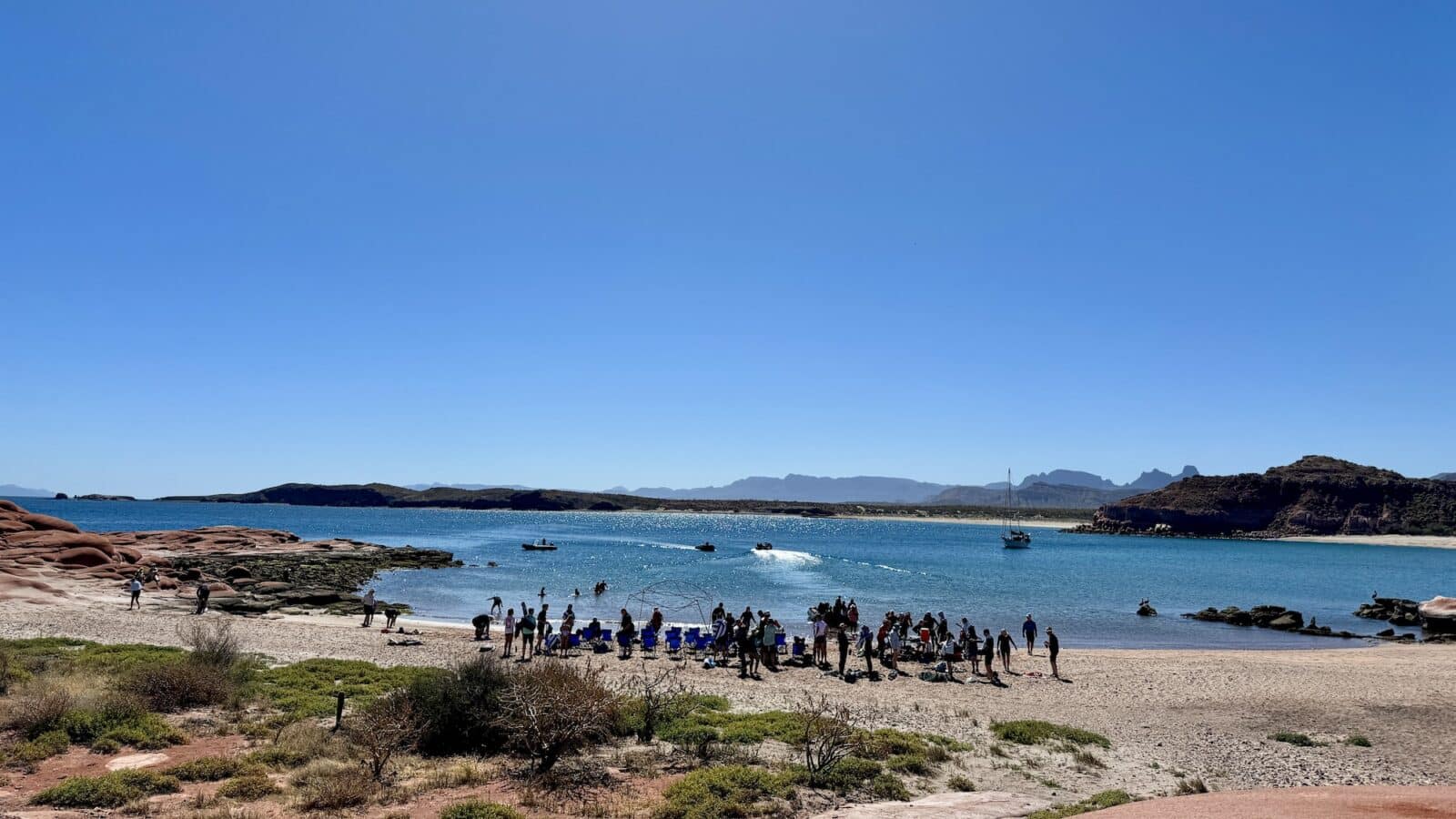 Adventure travel tour group on an uninhabited island in Baja California Sur