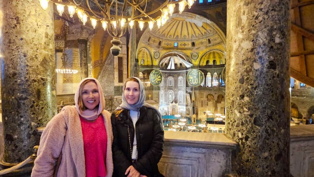 two women posing at the Hagia Sophia in Istanbul