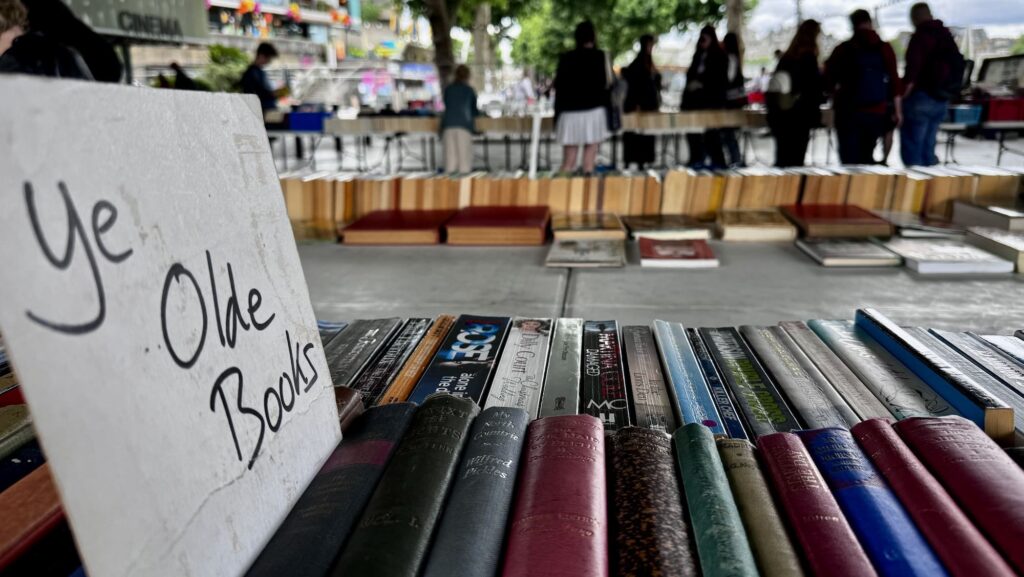 book seller under Waterloo Bridge in London with old books