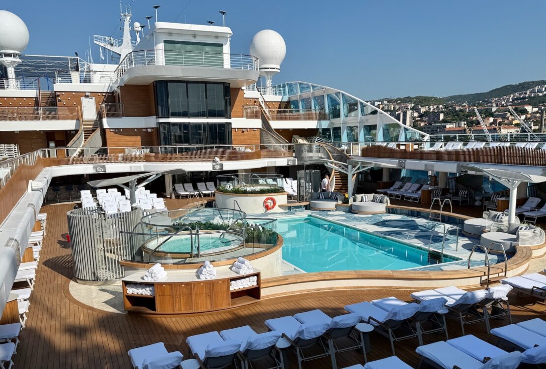 view of a mostly empty cruise ship pool deck