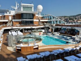 view of a mostly empty cruise ship pool deck