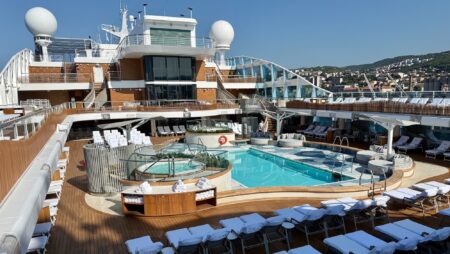 view of a mostly empty cruise ship pool deck