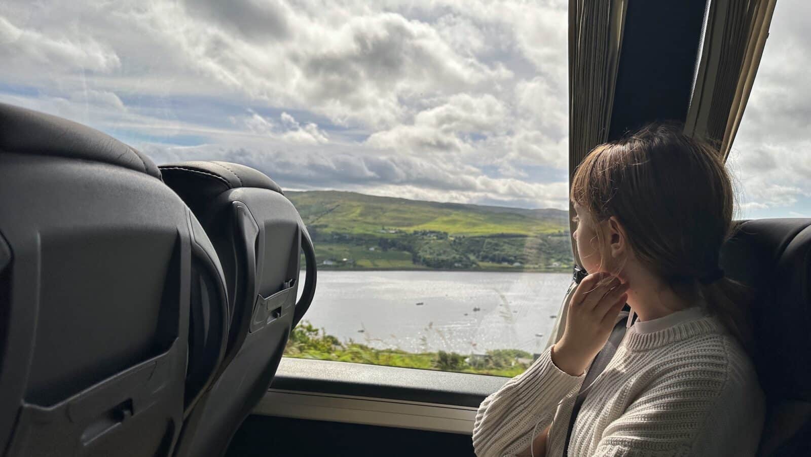 Looking out the window at the Isle of Skye in Scotland on a Rabbie's Tour