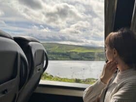 Looking out the window at the Isle of Skye in Scotland on a Rabbie's Tour