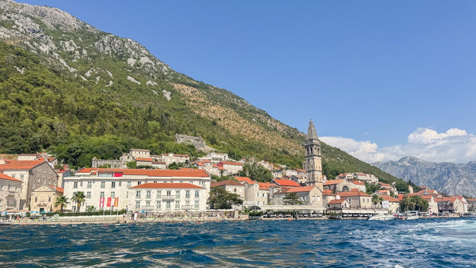 View of Perast in Montenegro from aboard the Orion expedition ship from National Geographic - Lindblad Expediations