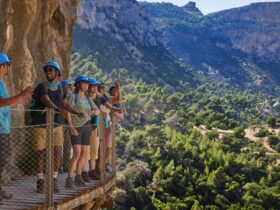 A group of people exploring cliffside on Exodus' walking tour of Andalucia